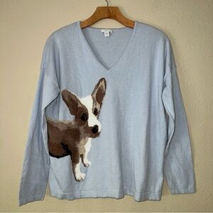 J Jill Sweater Womens Medium Blue Corgi Dog Print Casual Lightweight Pullover S